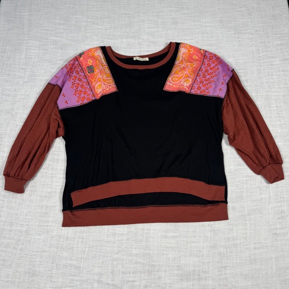 We The Free People Feeling It Tee S‎ Black Brown Patchwork Top Boho Fall Hippie - Picture 12 of 14